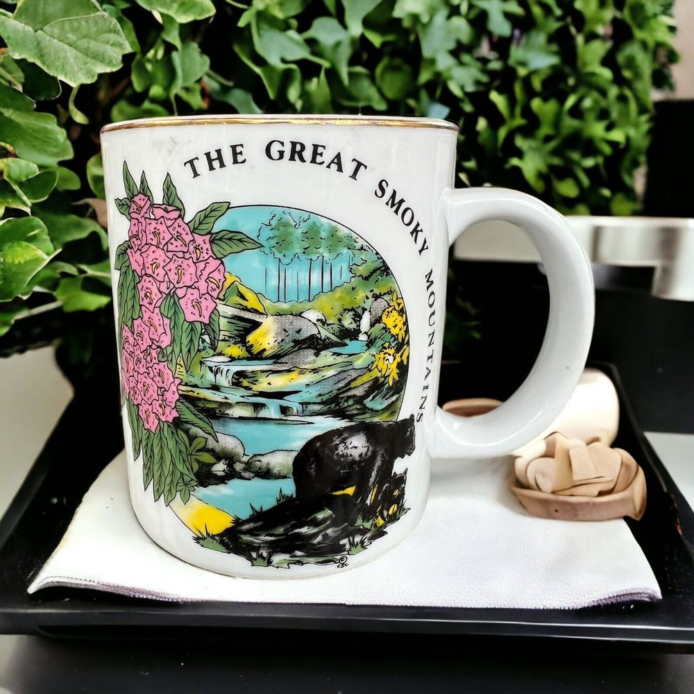 Great Smoky Mountains Bear Water Flowers Vintage Coffee Mug Cup Gold Rim 80s